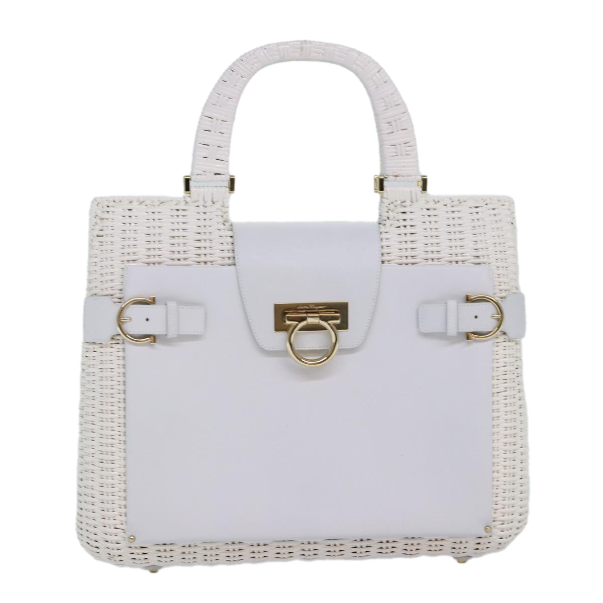 Salvatore Ferragamo Gancini Hand Bag Wicker White Gold Auth 86611