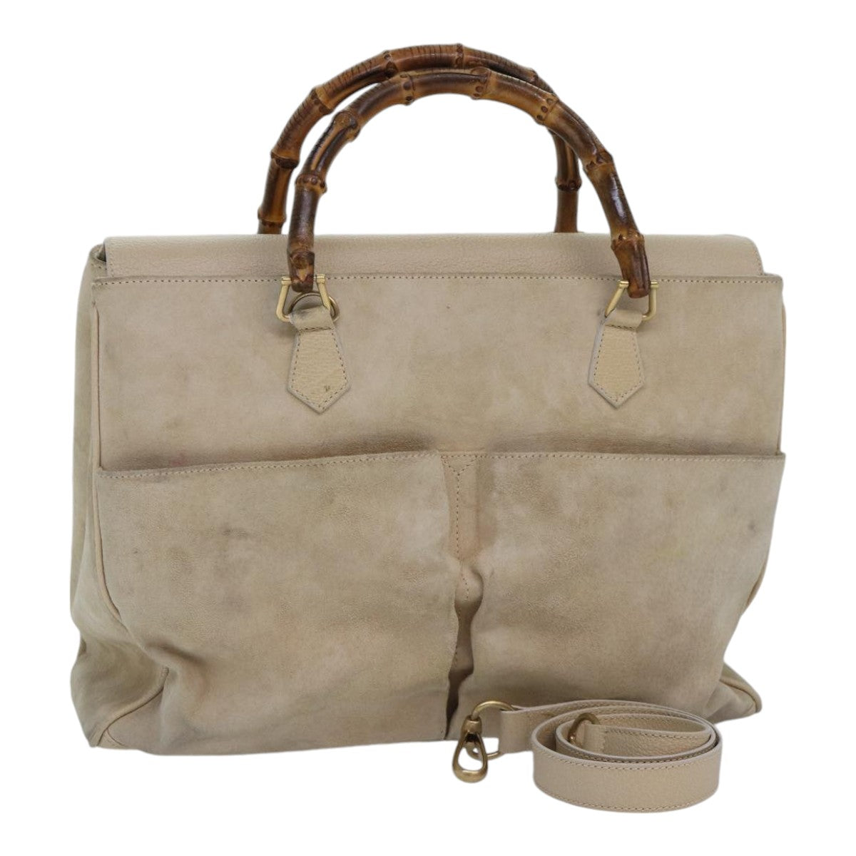 GUCCI Bamboo Hand Bag Suede 2way Beige Gold 002 2855 0322 0 Auth 86613