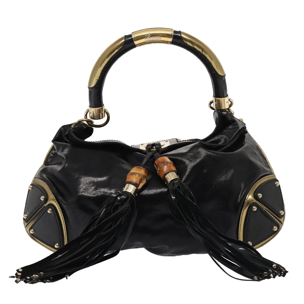 GUCCI Hand Bag Enamel 2way Black Gold 185566 Auth 86648