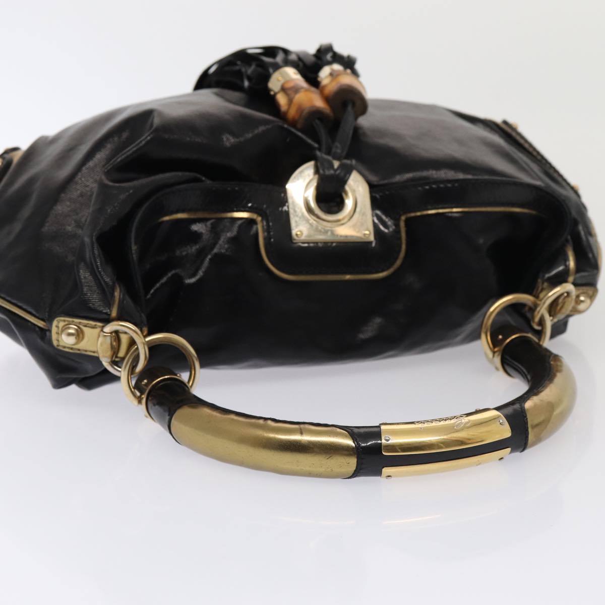 GUCCI Hand Bag Enamel 2way Black Gold 185566 Auth 86648