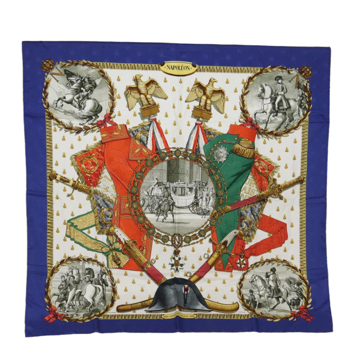 HERMES Carre 90 Scarf ""NAPOLEON"" Silk Blue White Auth 86703