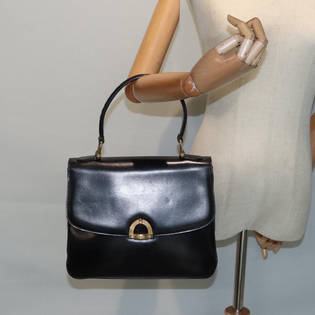 CELINE Hand Bag Leather Black Gold Auth 86893