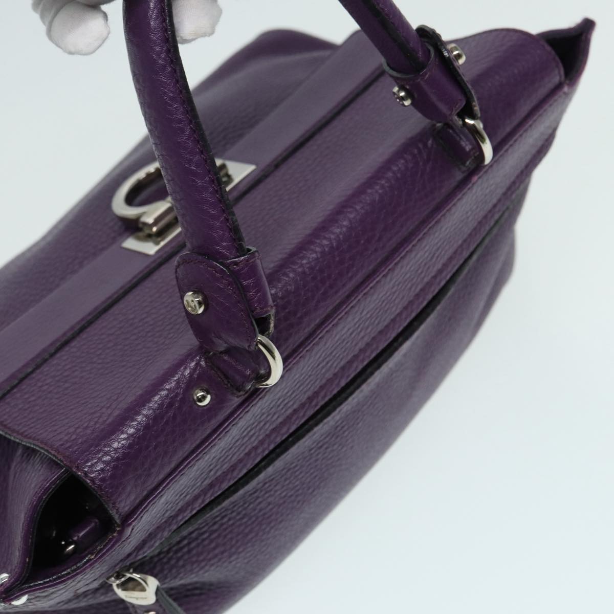 Salvatore Ferragamo Gancini Sofia Hand Bag Leather Purple Silver Auth 86915