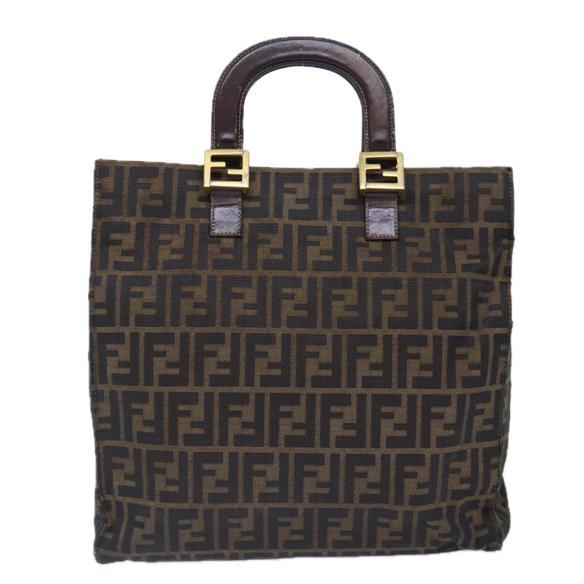 FENDI Zucca Canvas Hand Bag Brown Black gold Auth 86939