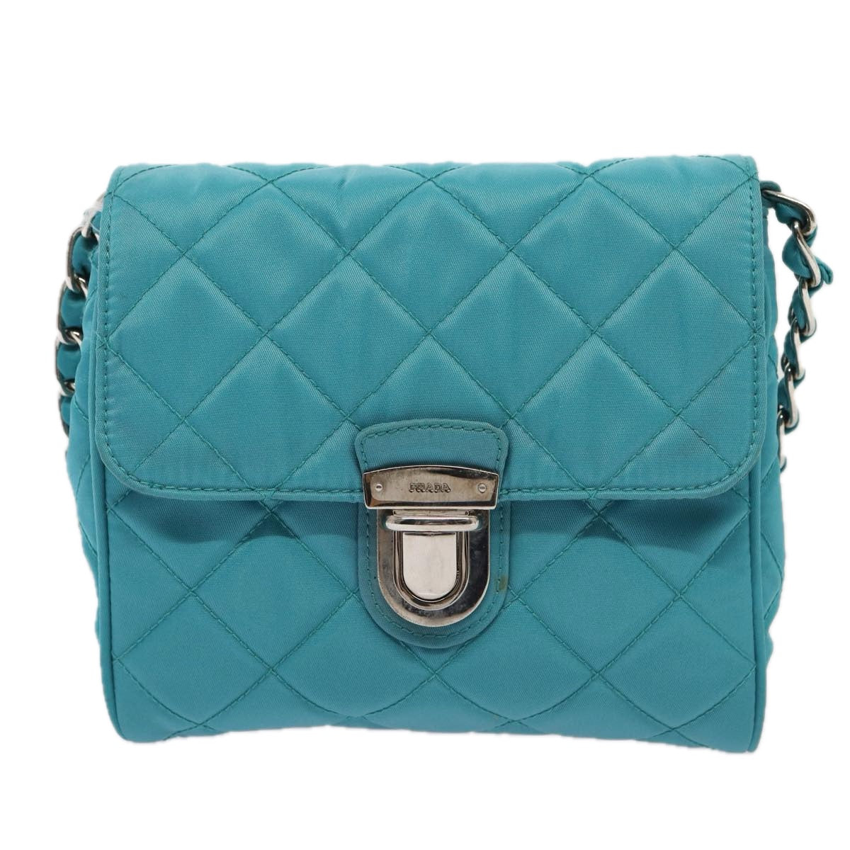 PRADA Chain Shoulder Bag Nylon Turquoise Blue Silver Auth 86958V