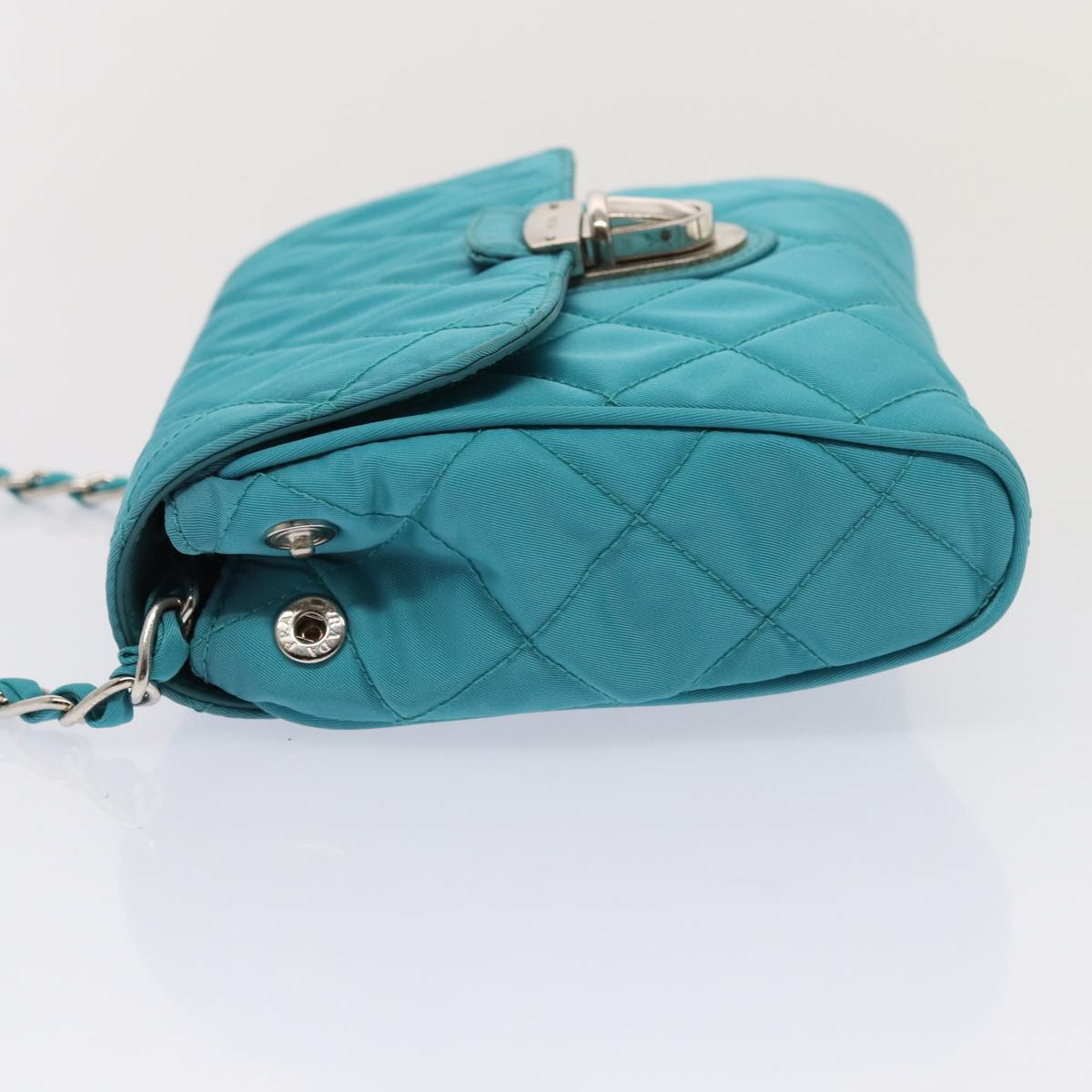 PRADA Chain Shoulder Bag Nylon Turquoise Blue Silver Auth 86958V