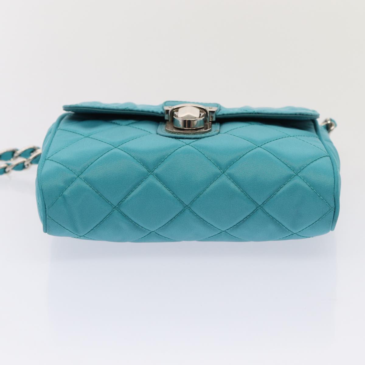 PRADA Chain Shoulder Bag Nylon Turquoise Blue Silver Auth 86958V
