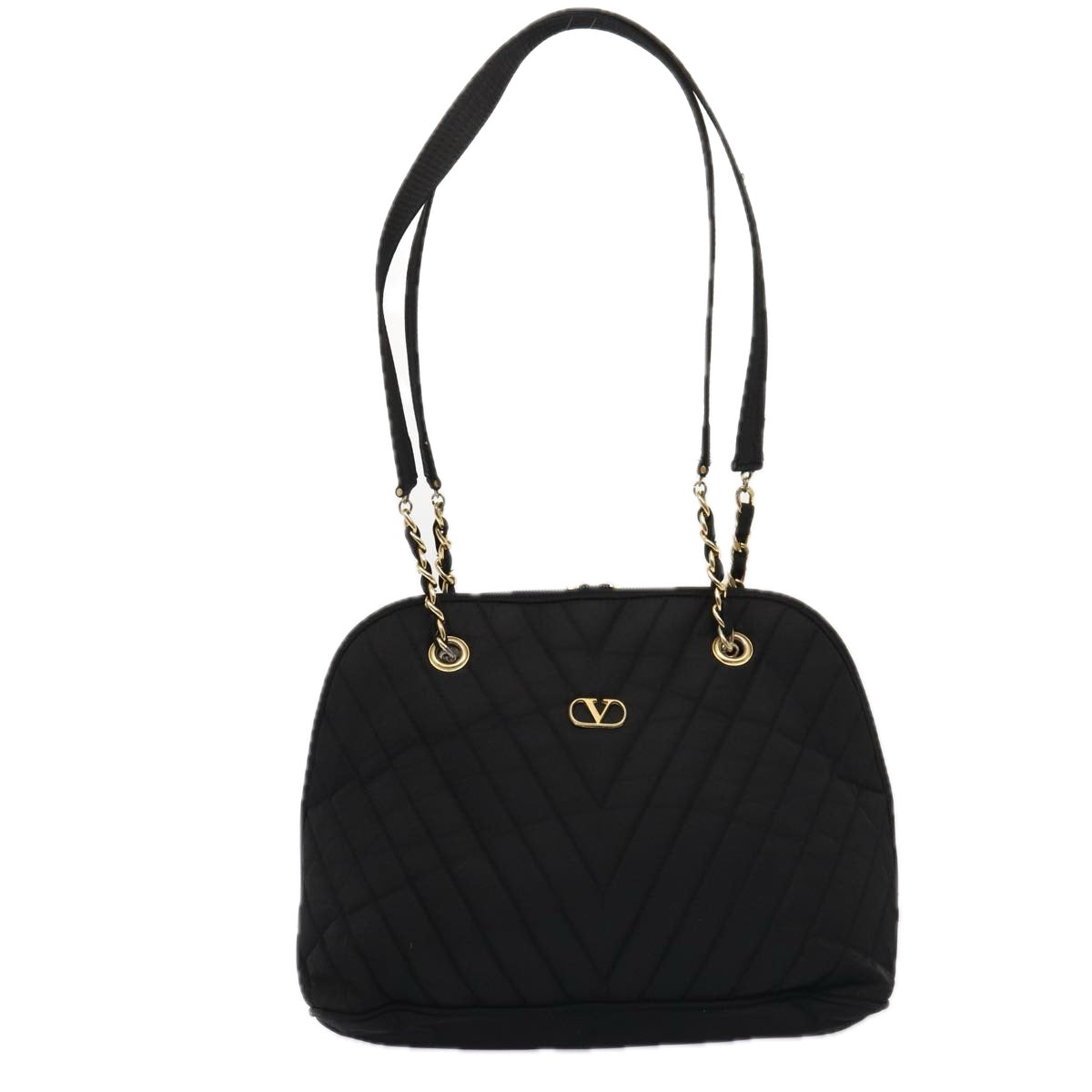 VALENTINO Chain Shoulder Bag Nylon Black Gold Auth 87024