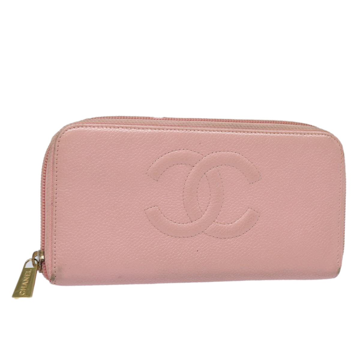 CHANEL COCO Mark Long Wallet Caviar Skin Pink Gold CC Auth 87035