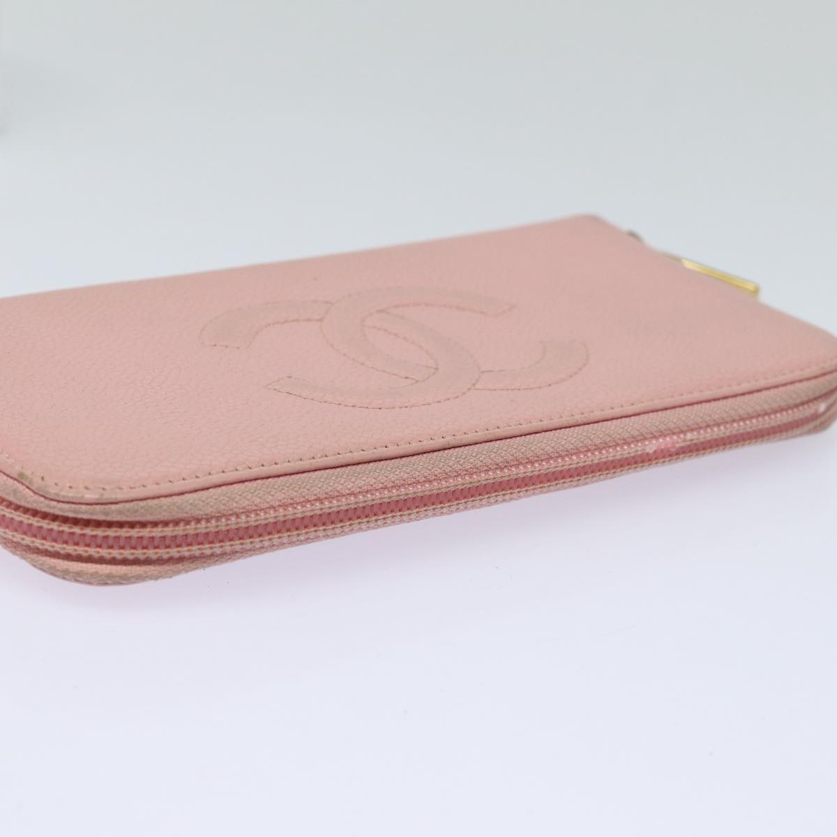 CHANEL COCO Mark Long Wallet Caviar Skin Pink Gold CC Auth 87035