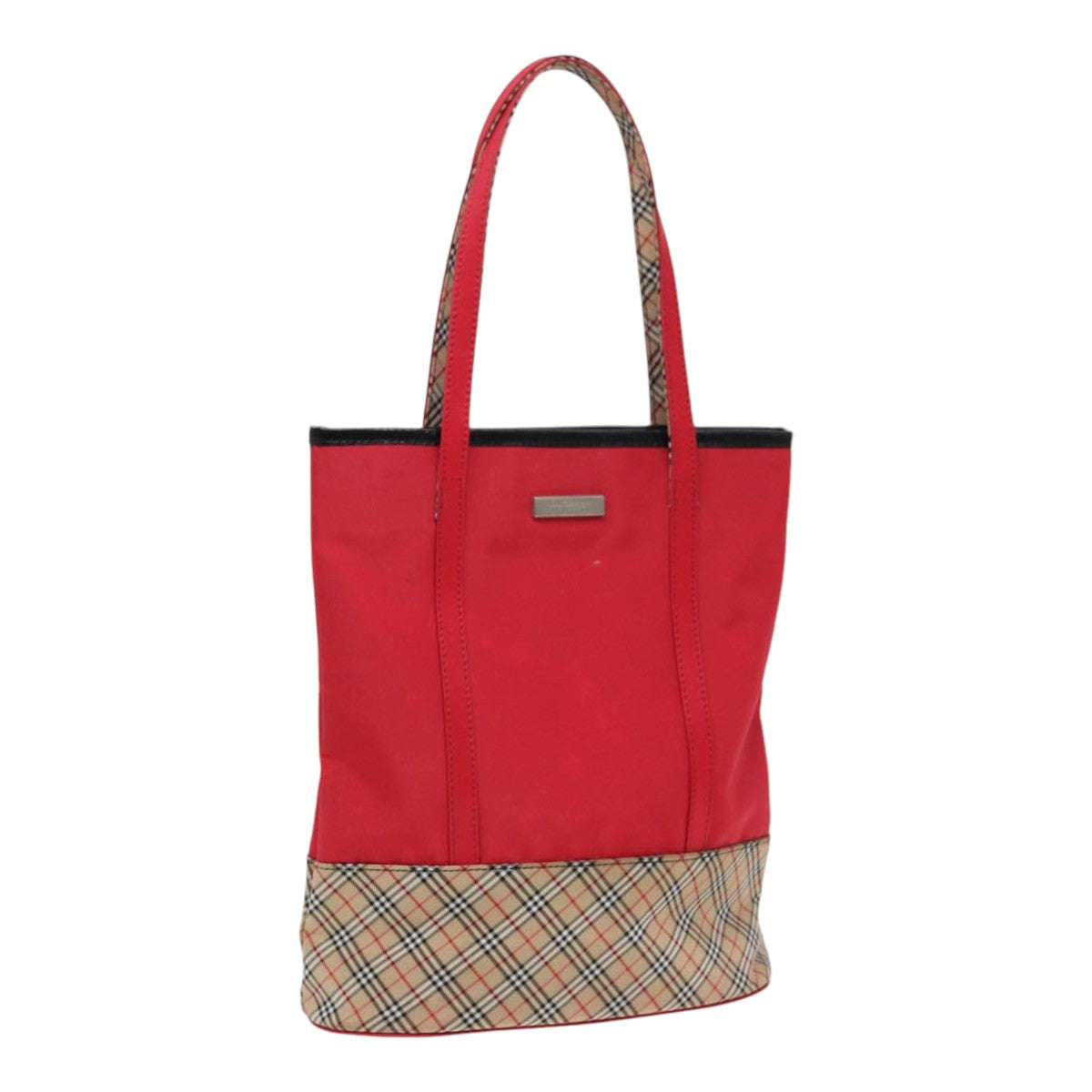 Burberrys Nova Check Blue Label Tote Bag Nylon Red Beige Silver Auth 87048