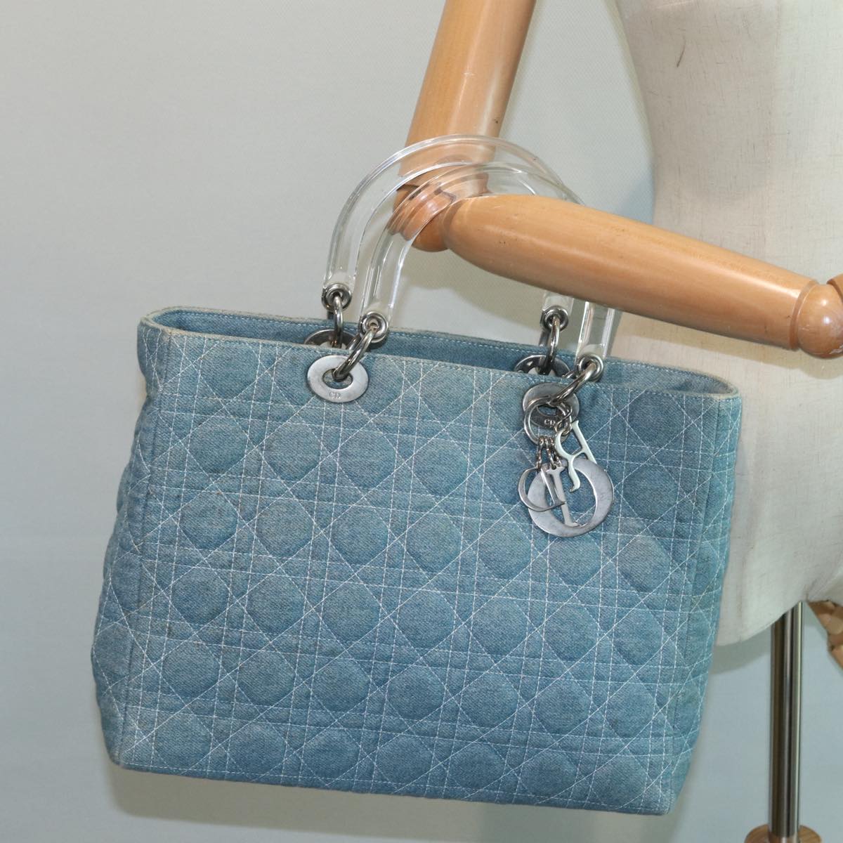 Christian Dior Lady Dior Canage Hand Bag Denim Blue Silver Auth 87084