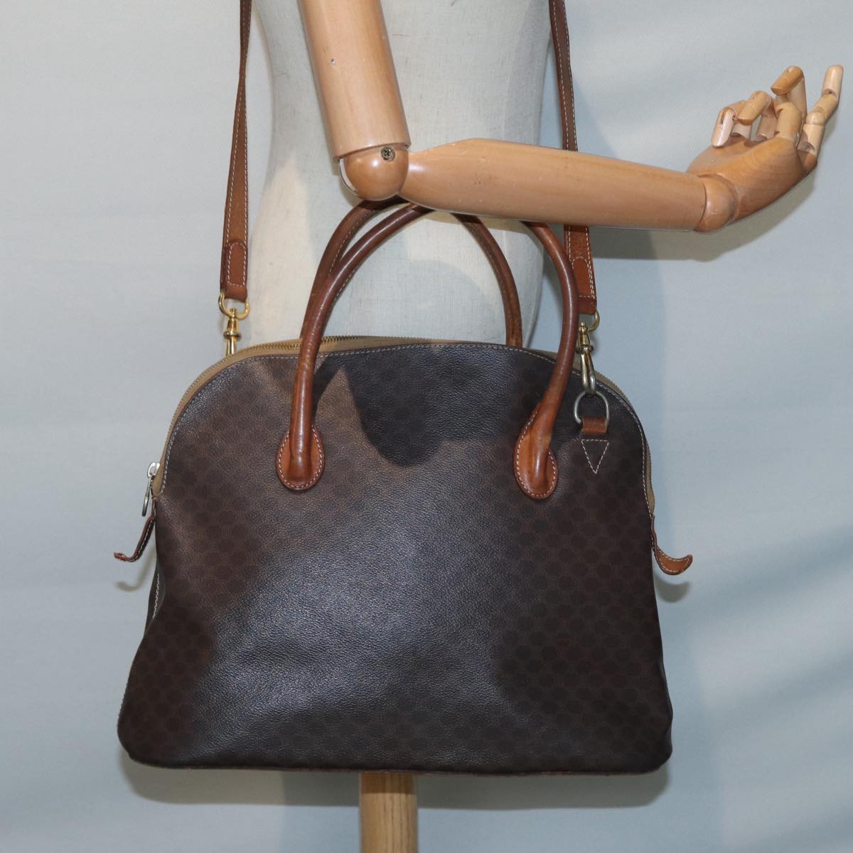 CELINE Macadam Canvas Hand Bag PVC Leather 2way Brown Gold Auth 87085