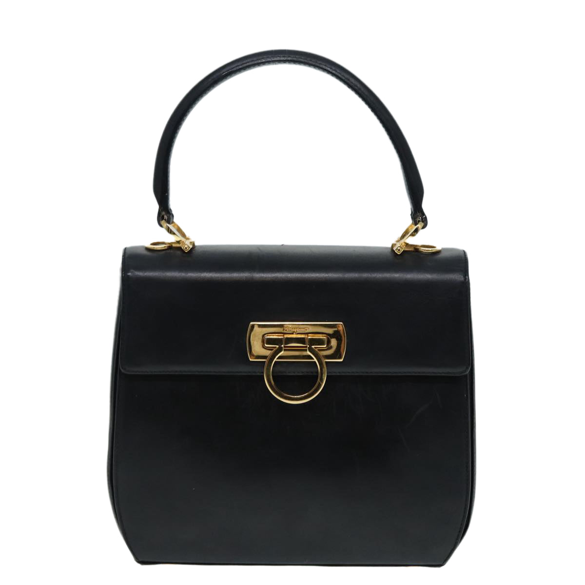 Salvatore Ferragamo Gancini Hand Bag Leather Black Gold Auth 87092