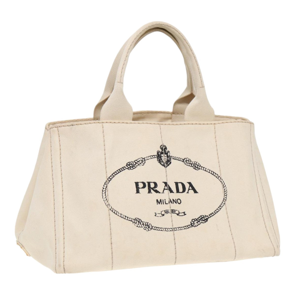 PRADA Canapa MM Hand Bag Canvas Cream Gold Auth 87108