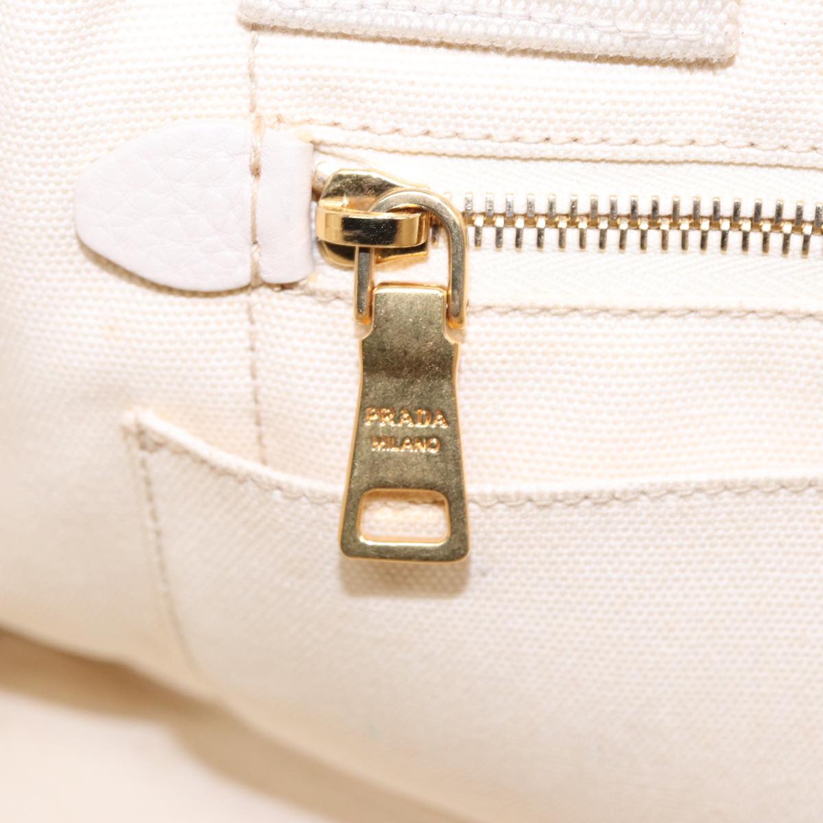 PRADA Canapa MM Hand Bag Canvas Cream Gold Auth 87108