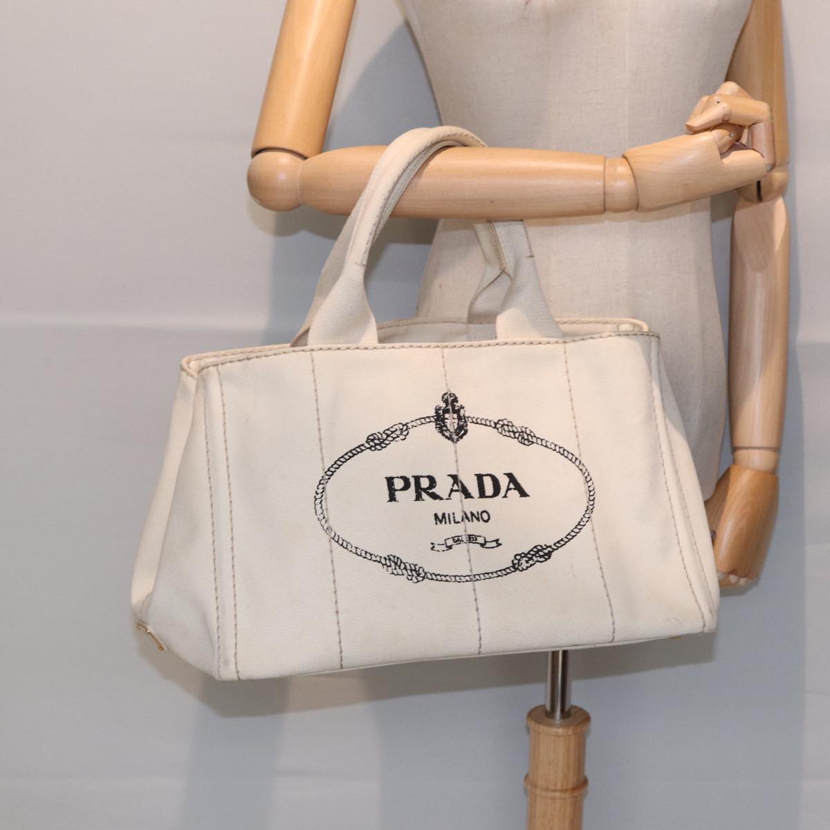 PRADA Canapa MM Hand Bag Canvas Cream Gold Auth 87108