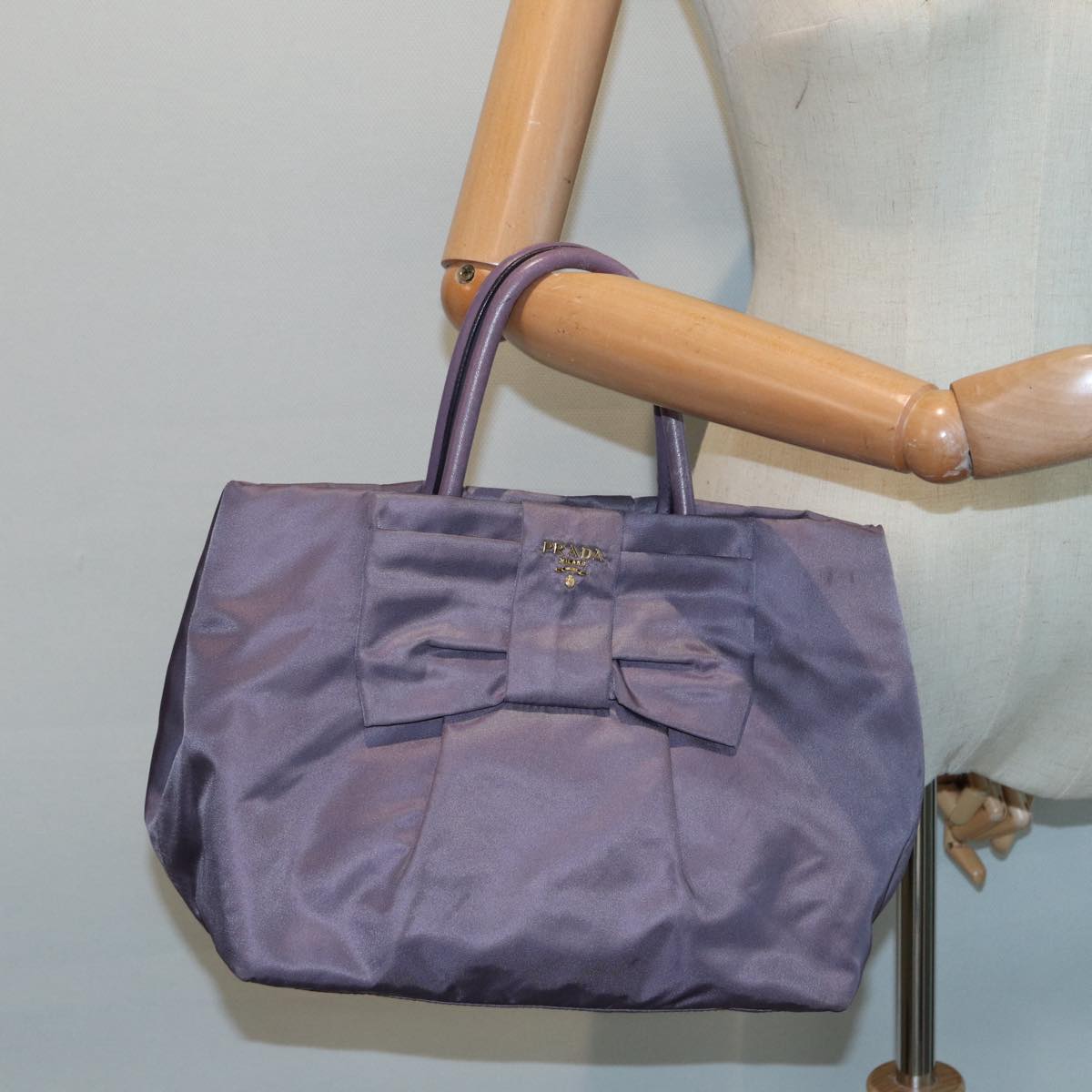 PRADA Ribbon Hand Bag Nylon Purple Gold Auth 87183