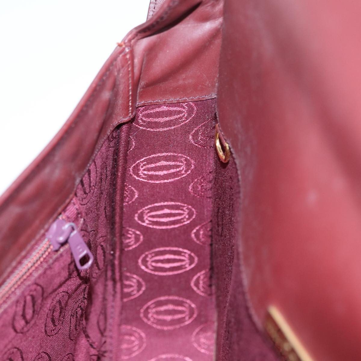 CARTIER Shoulder Bag Leather Bordeaux Gold Auth 87189