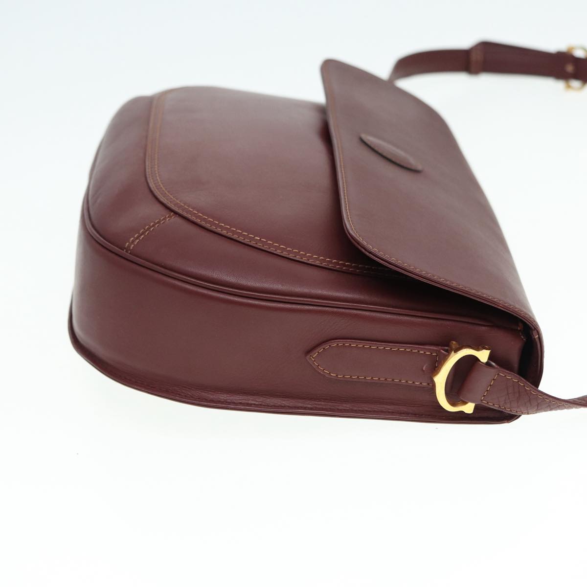 CARTIER Shoulder Bag Leather Bordeaux Gold Auth 87189