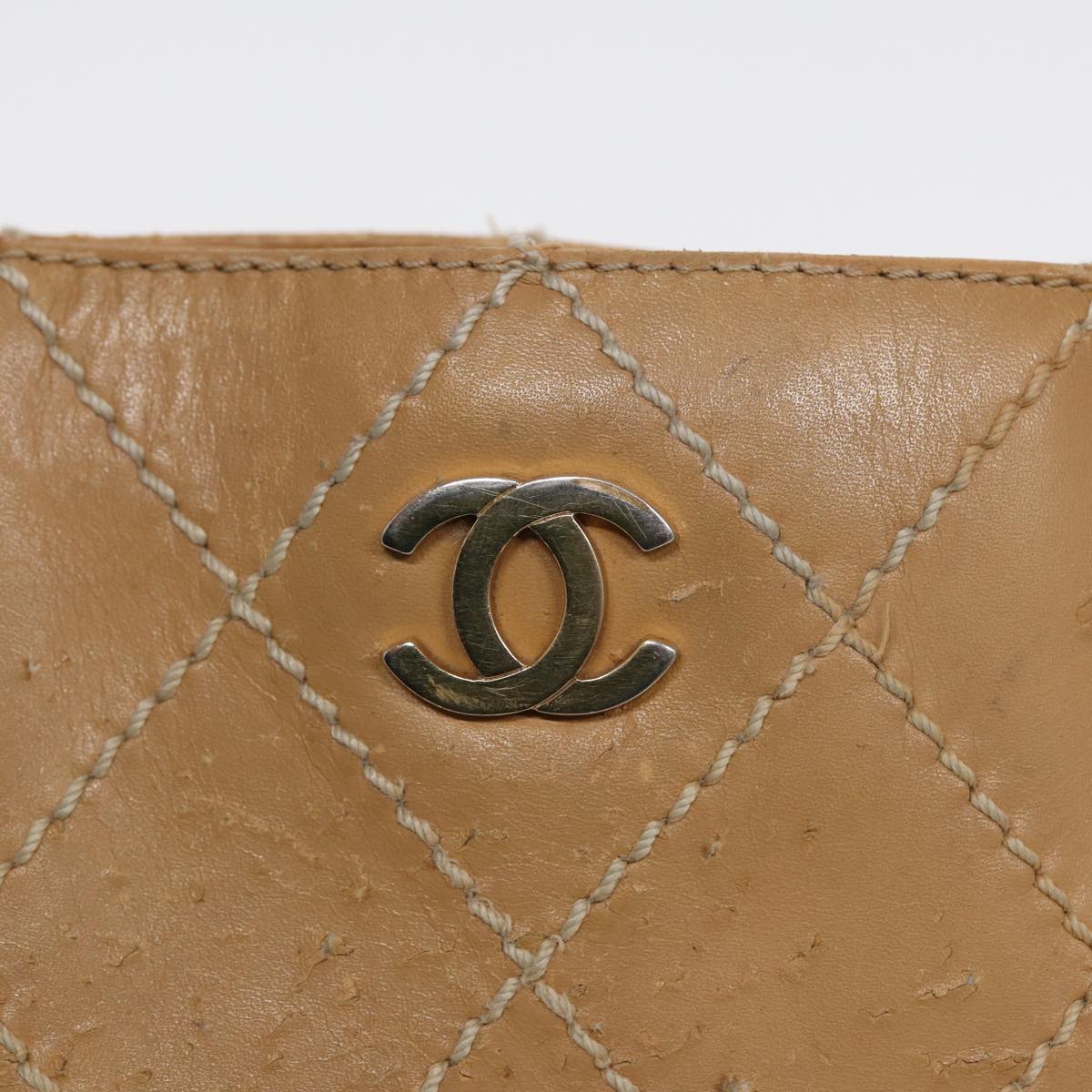 CHANEL Wild Stitch Matelasse Hand Bag Leather Beige Gold CC Auth 87191