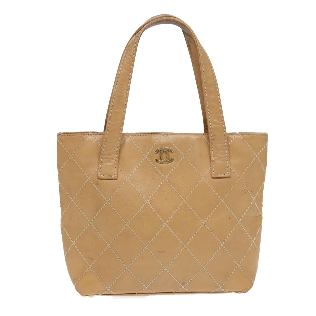 CHANEL Wild Stitch Matelasse Hand Bag Leather Beige Gold CC Auth 87191