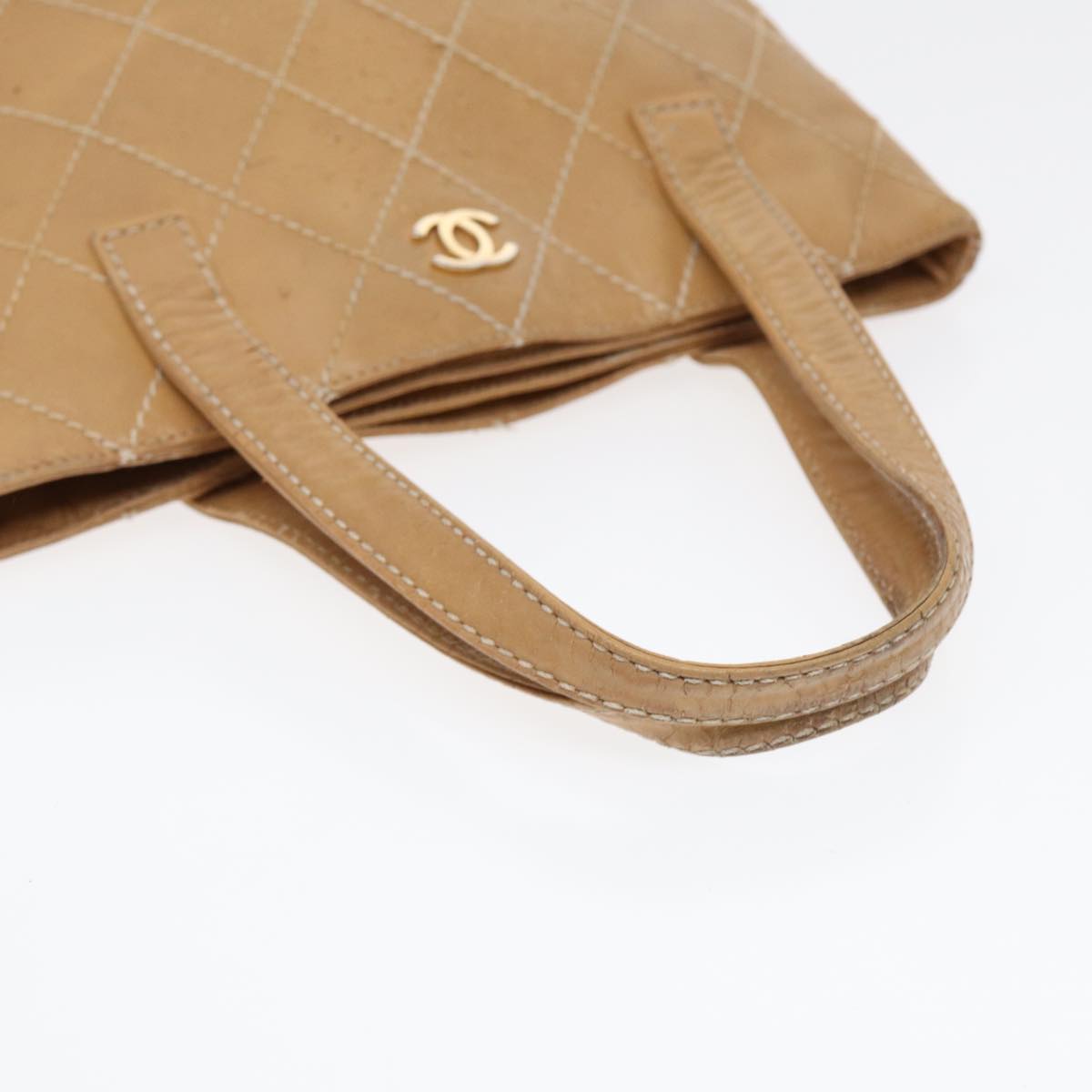 CHANEL Wild Stitch Matelasse Hand Bag Leather Beige Gold CC Auth 87191