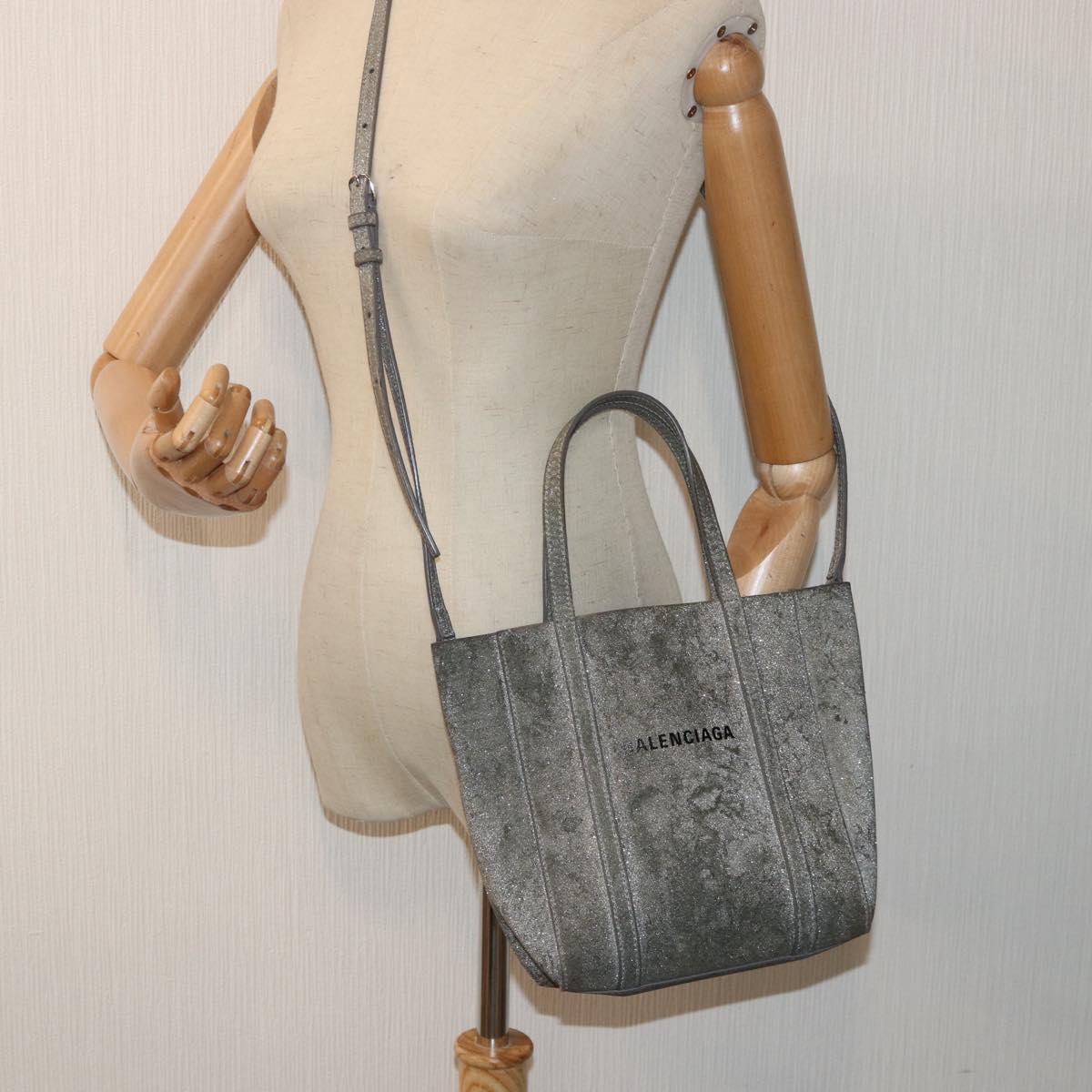 BALENCIAGA Everyday Tote XXS Hand Bag Leather 2way Silver Silver Auth 87205