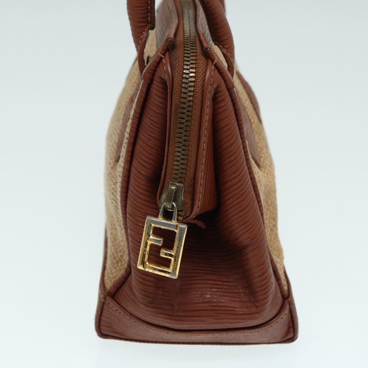 FENDI Hand Bag Straw Beige Gold Auth 87207