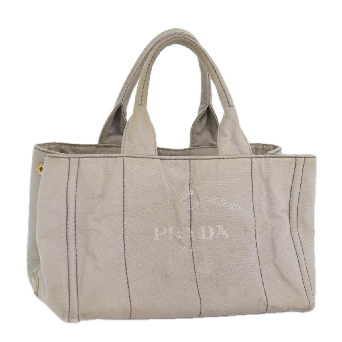 PRADA Canapa MM Hand Bag Canvas Gray Gold Auth 87230