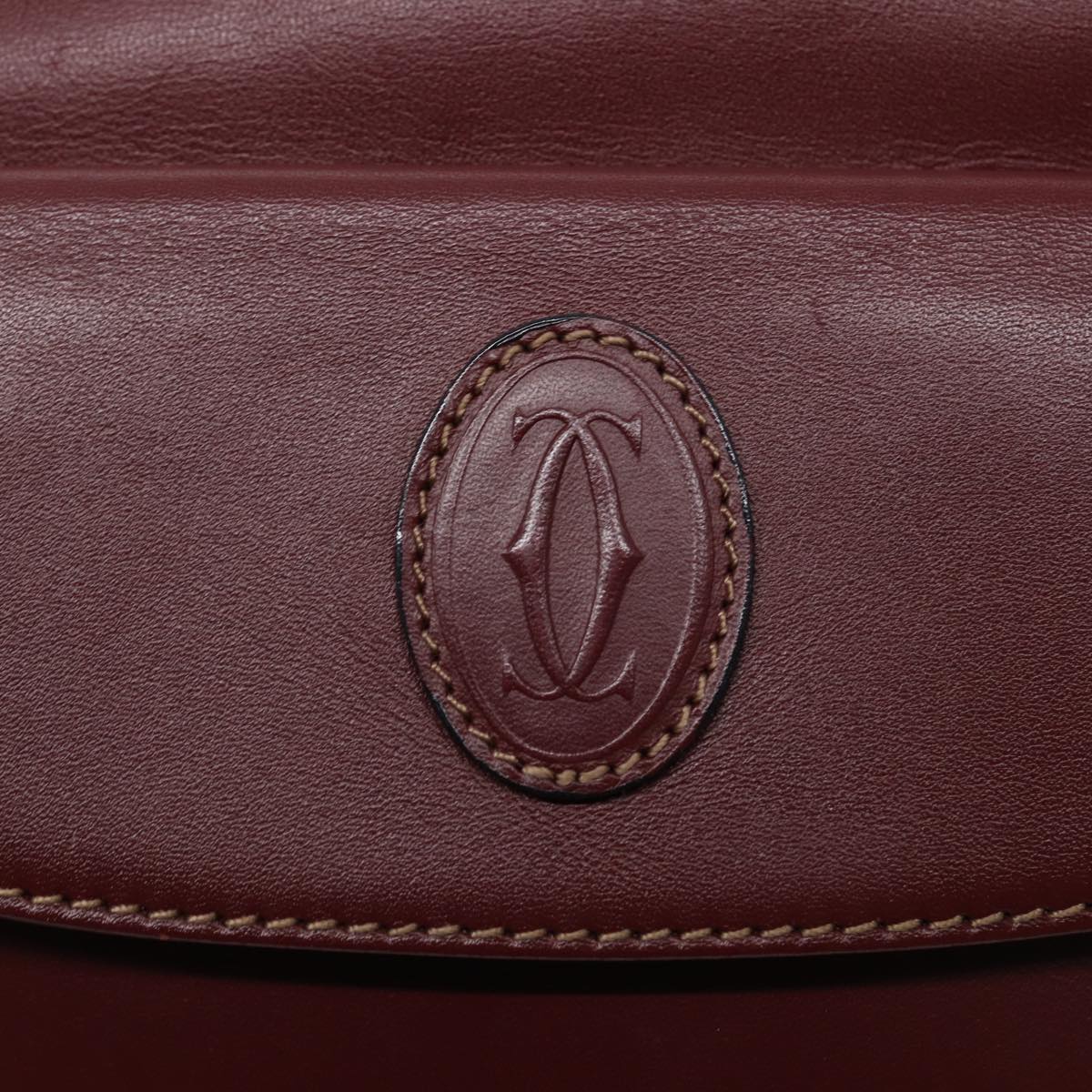 CARTIER Shoulder Bag Leather Bordeaux Gold Auth 87245