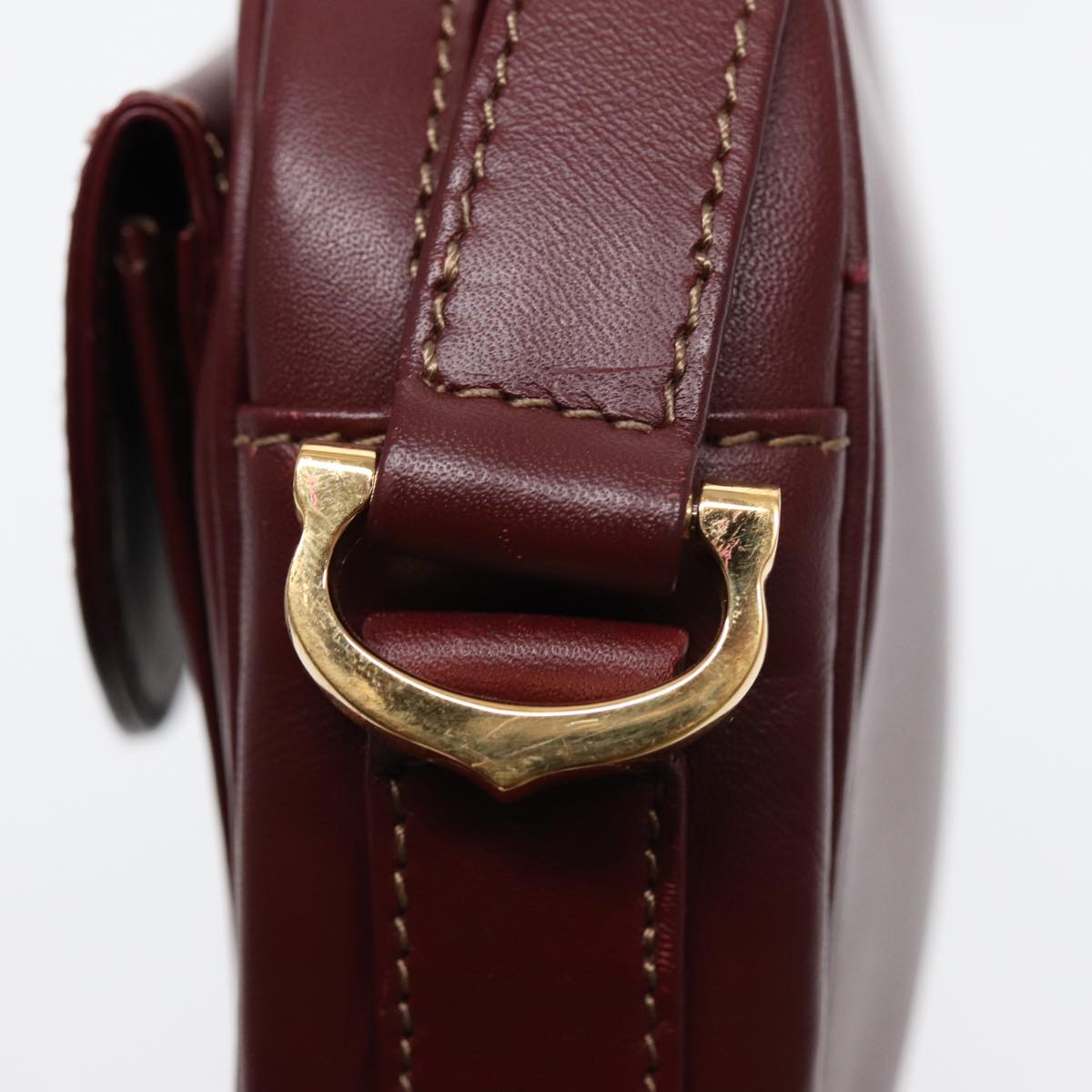 CARTIER Shoulder Bag Leather Bordeaux Gold Auth 87245