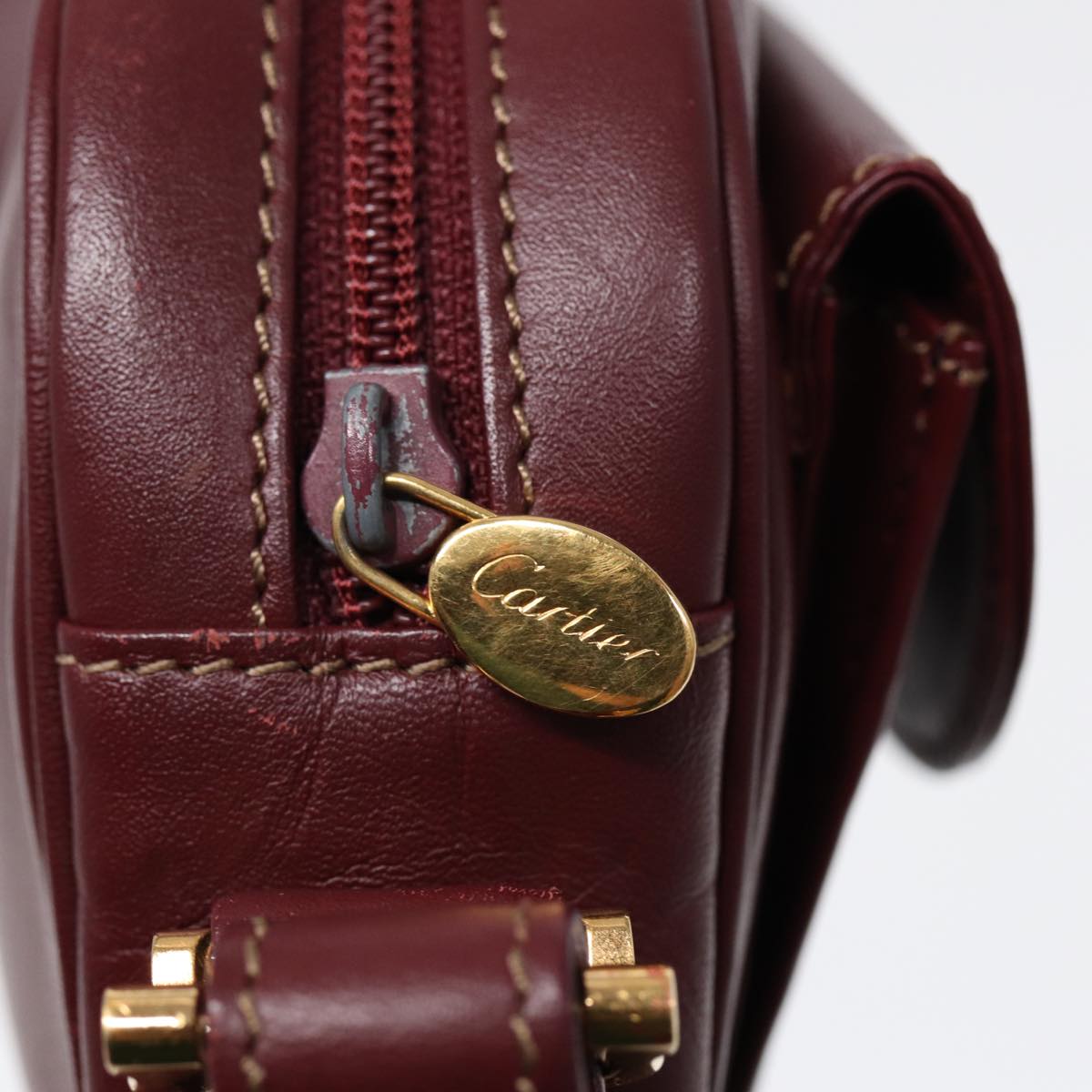 CARTIER Shoulder Bag Leather Bordeaux Gold Auth 87245