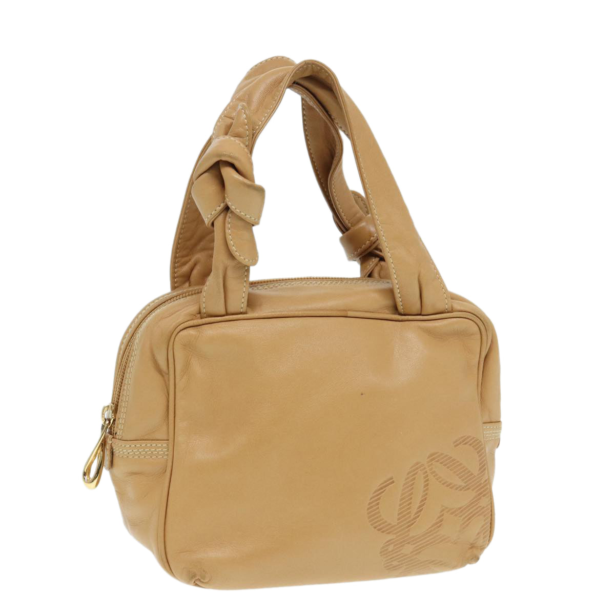 LOEWE Anagram Hand Bag Leather Beige Gold Auth 87246