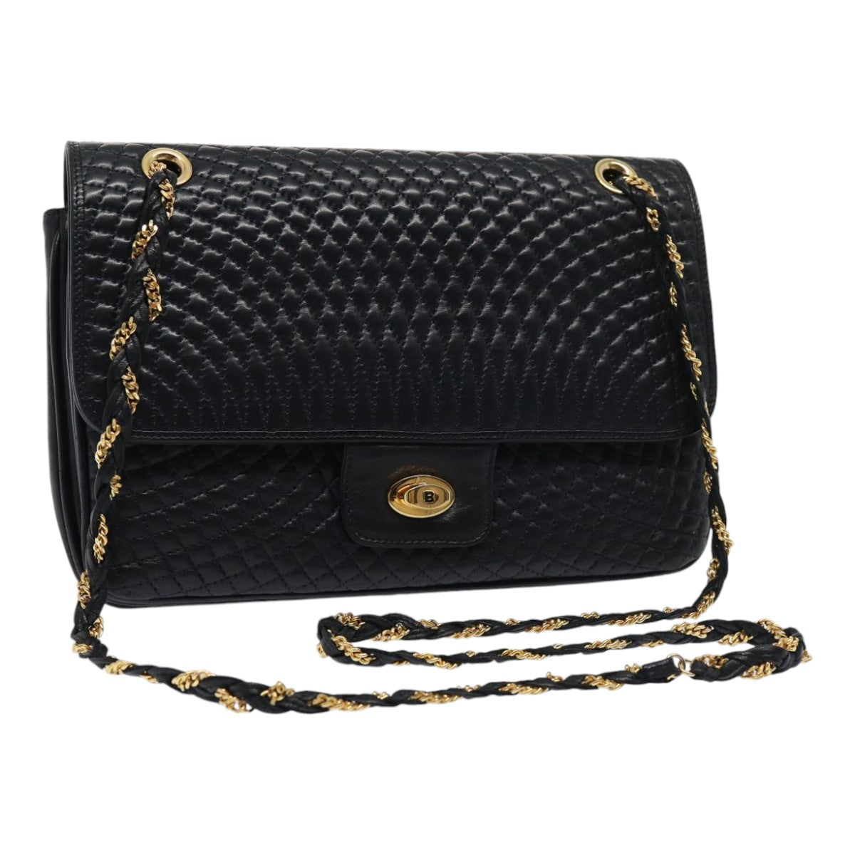 BALLY Chain Shoulder Bag Leather Navy Gold Auth 87253