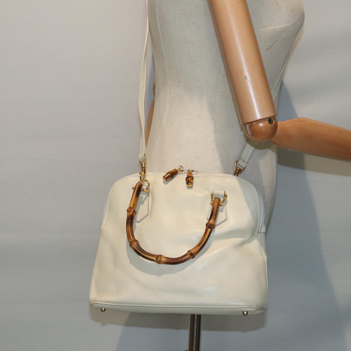 GUCCI Bamboo Hand Bag Leather 2way Cream Gold 000 2296 0290 Auth 87257