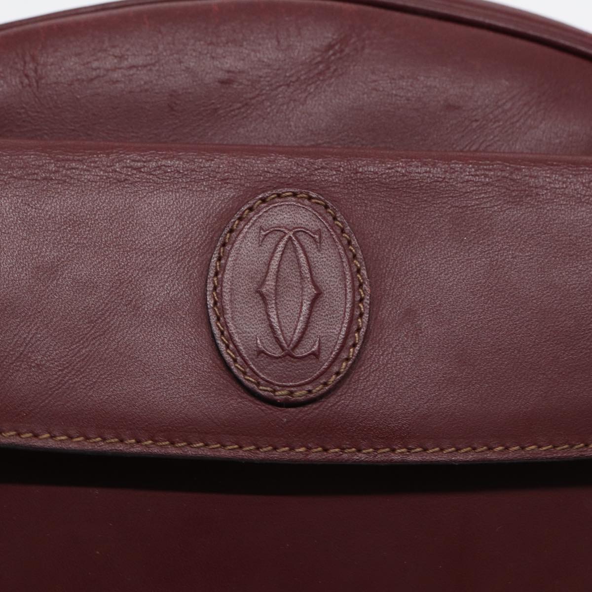 CARTIER Shoulder Bag Leather Bordeaux Gold Auth 87277