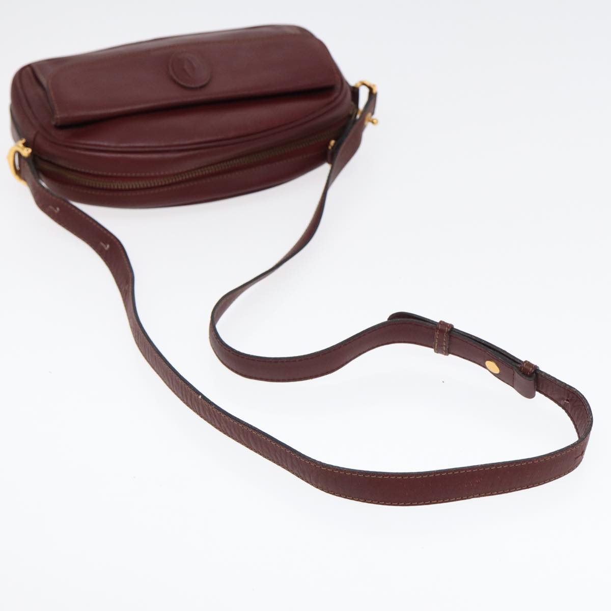 CARTIER Shoulder Bag Leather Bordeaux Gold Auth 87277