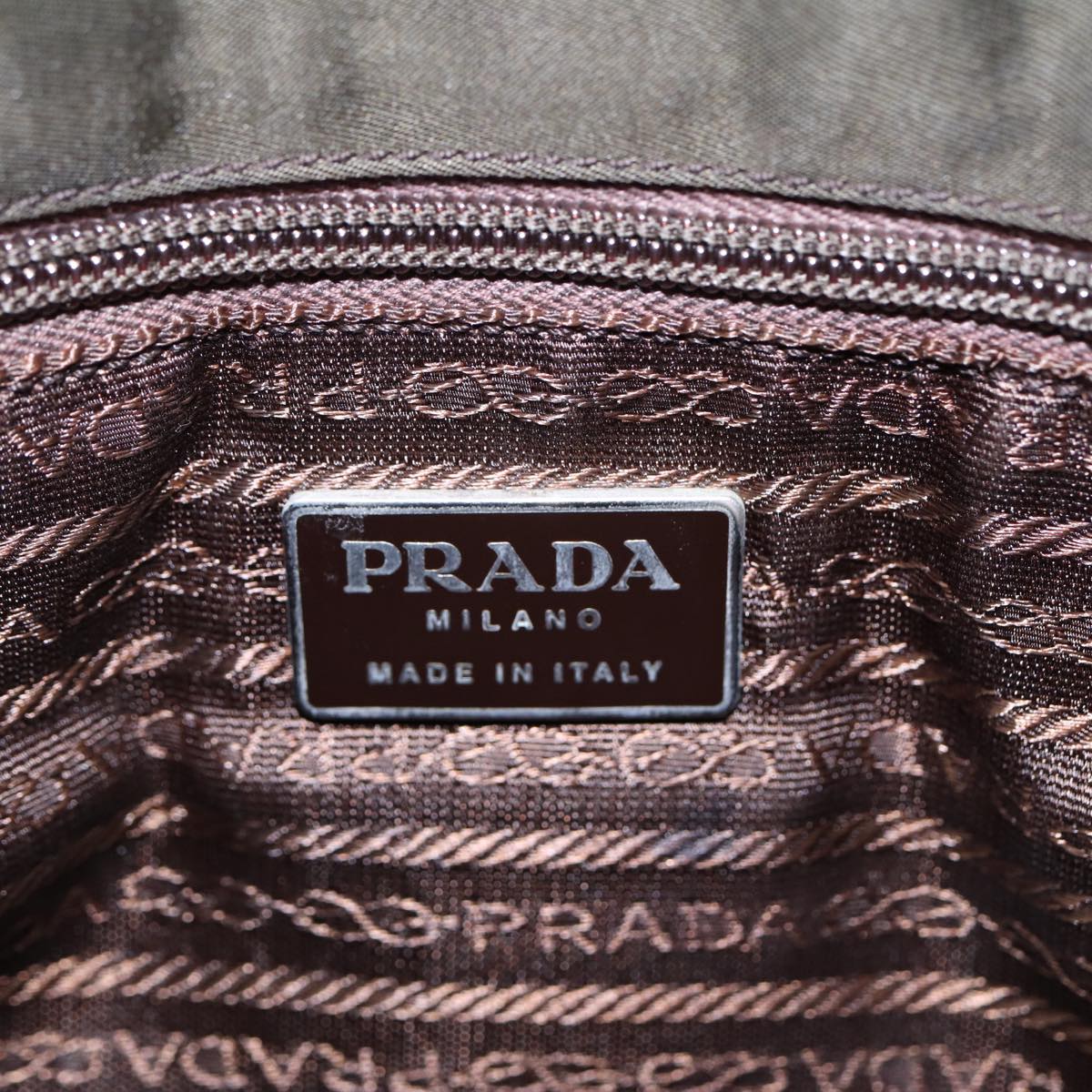 PRADA Hand Bag Nylon Khaki Silver Auth 87302