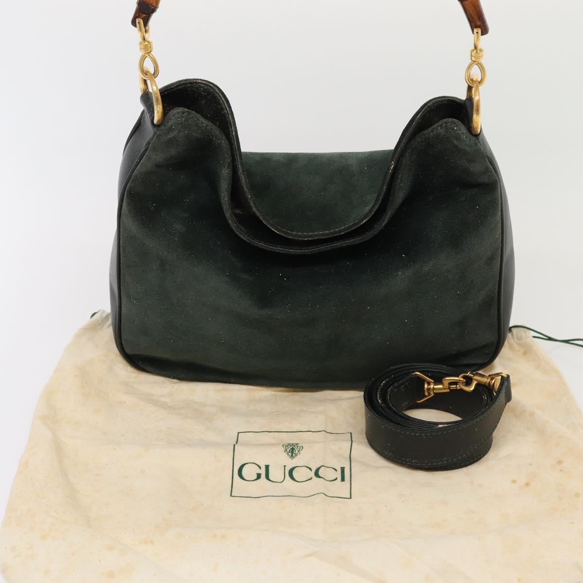 GUCCI Bamboo Hand Bag Suede 2way Green Auth 87329