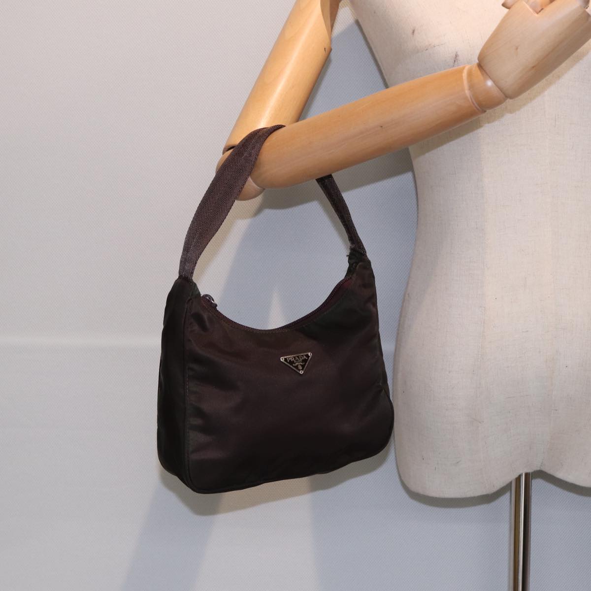 PRADA Hand Bag Nylon Silver Brown Auth 87360