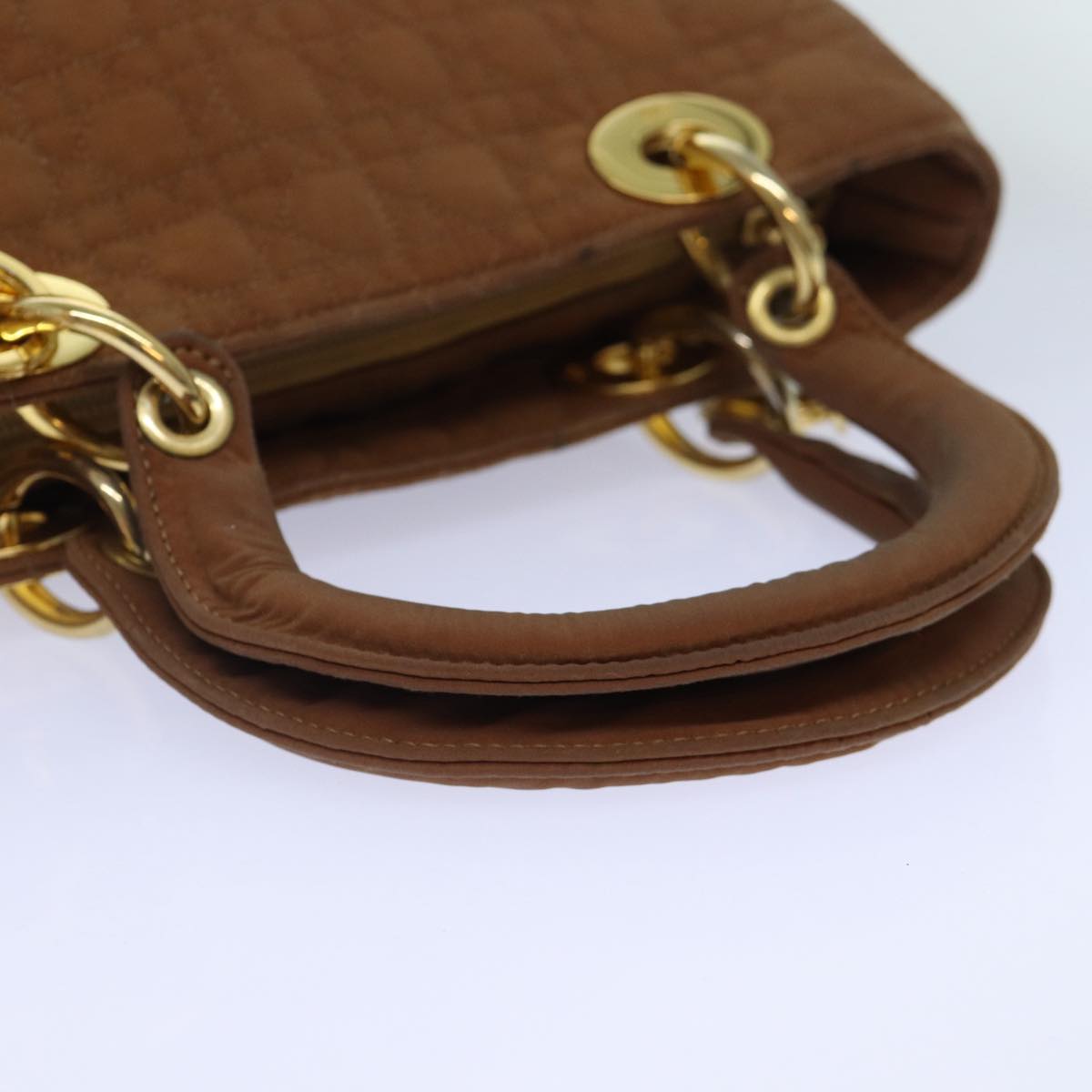 Christian Dior Lady Dior Canage Hand Bag Nylon Brown Gold Auth 87405