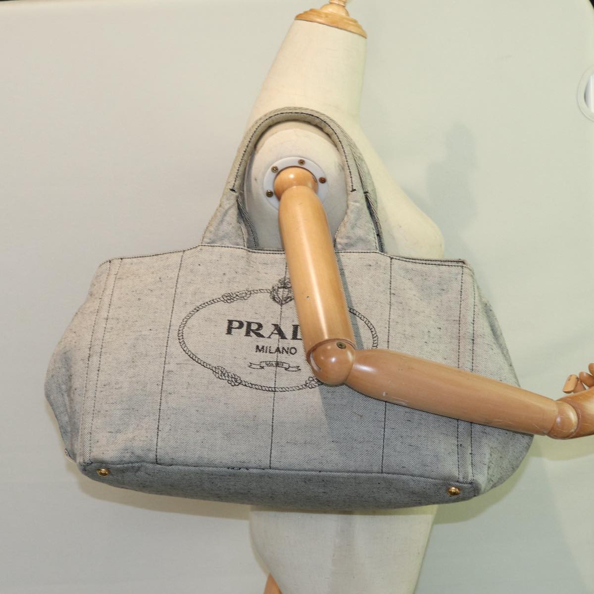 PRADA Canapa GM Hand Bag Canvas Gray Gold Auth 87436