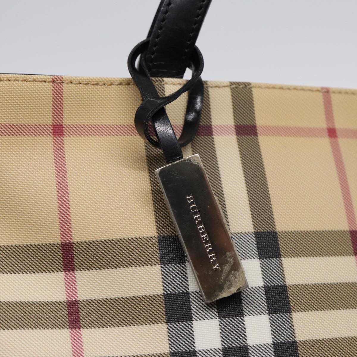 BURBERRY Nova Check Hand Bag PVC Beige Silver Auth 87437