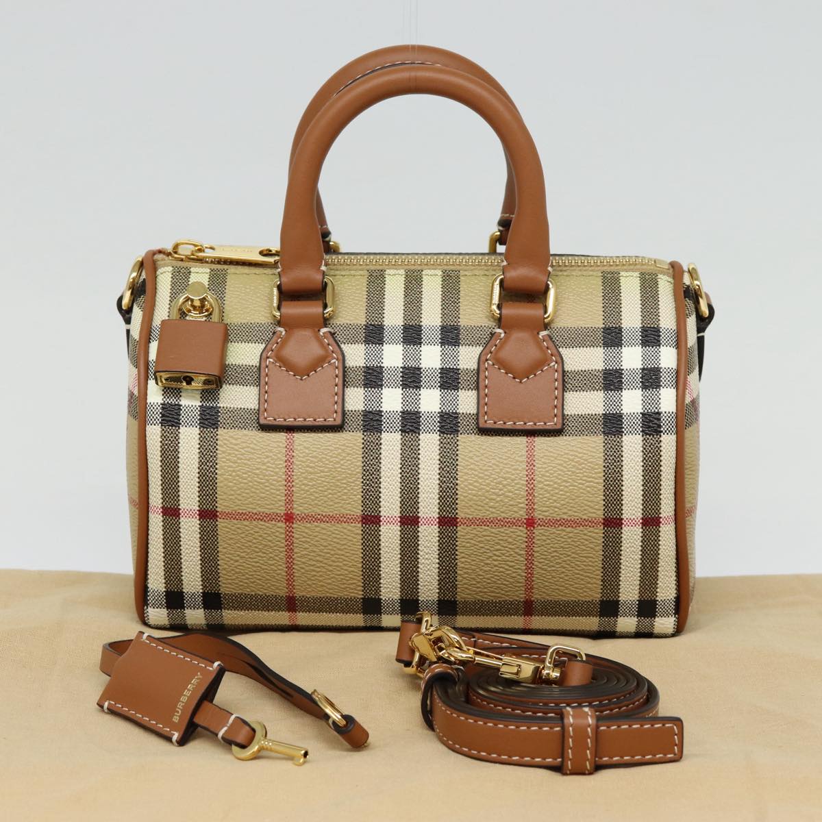 BURBERRY Nova Check Hand Bag PVC Leather 2way Beige Auth 87630S