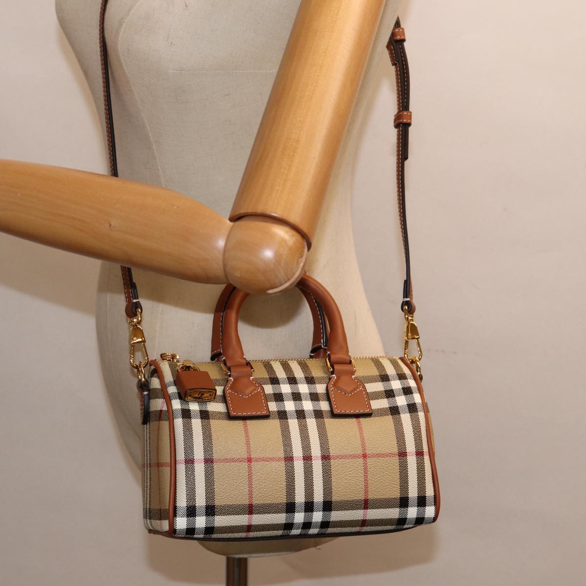 BURBERRY Nova Check Hand Bag PVC Leather 2way Beige Auth 87630S