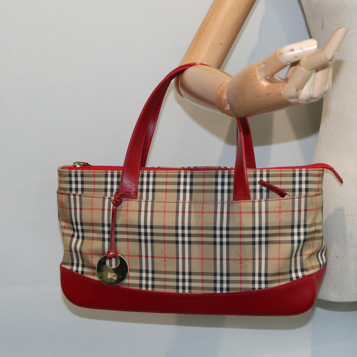 BURBERRY Nova Check Hand Bag Canvas Beige Red Auth 87634