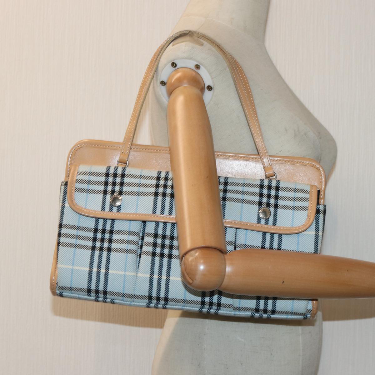 BURBERRY Nova Check Blue Label Hand Bag Canvas Light Blue Beige Auth 87639