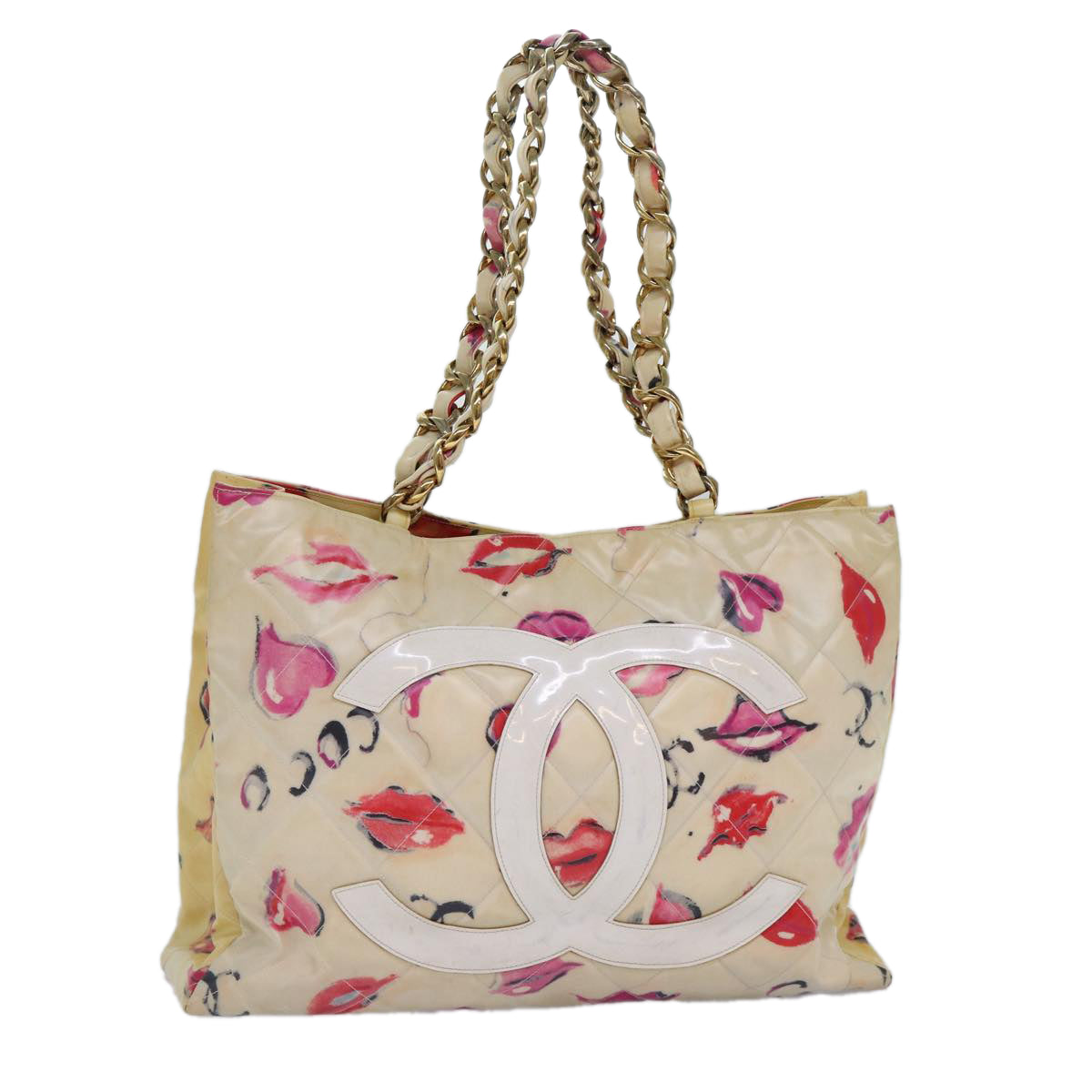 CHANEL Lip Tote Bag Enamel White Red CC Auth 87655V