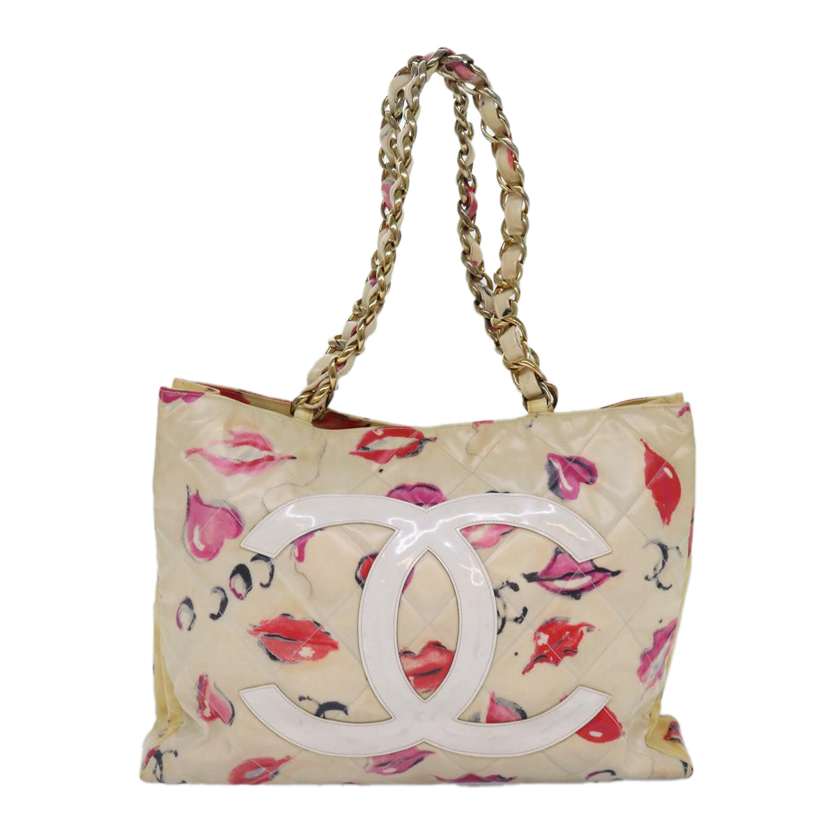 CHANEL Lip Tote Bag Enamel White Red CC Auth 87655A